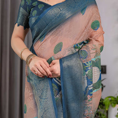 Morpich Blue Printed Designer Saree with Woven Border