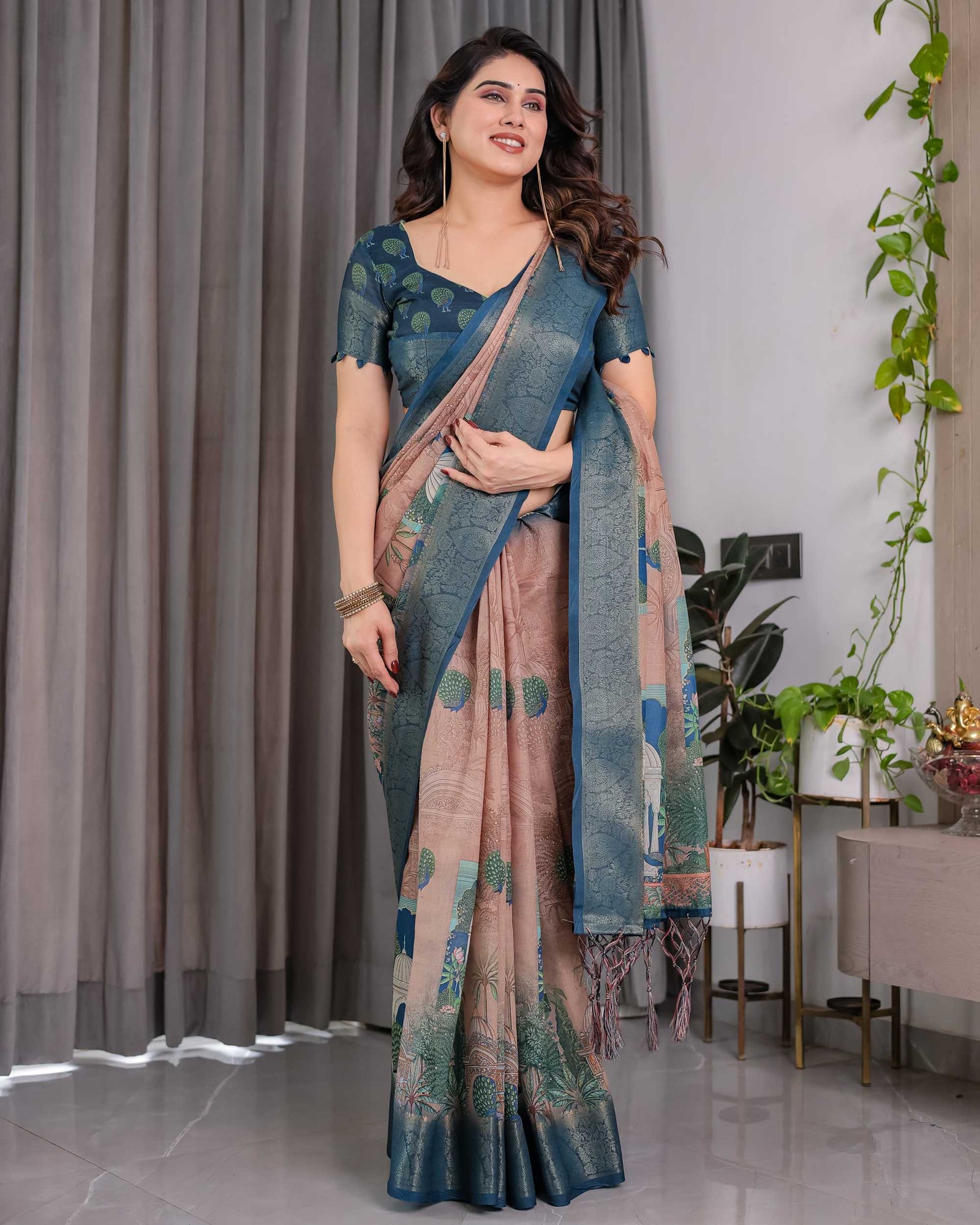 Morpich Blue Printed Designer Saree with Woven Border