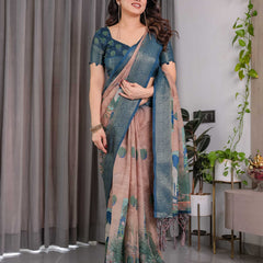 Morpich Blue Printed Designer Saree with Woven Border