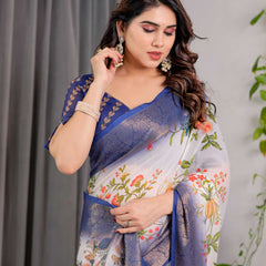 White & Royal Blue Floral Printed Designer Saree with Woven Border