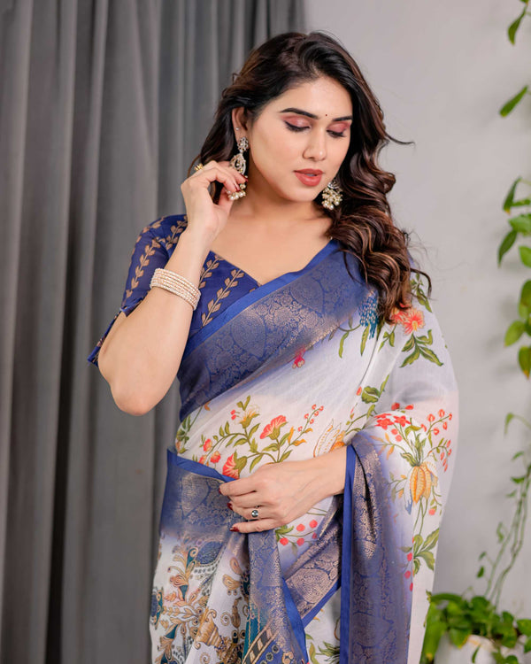 White & Royal Blue Floral Printed Designer Saree with Woven Border