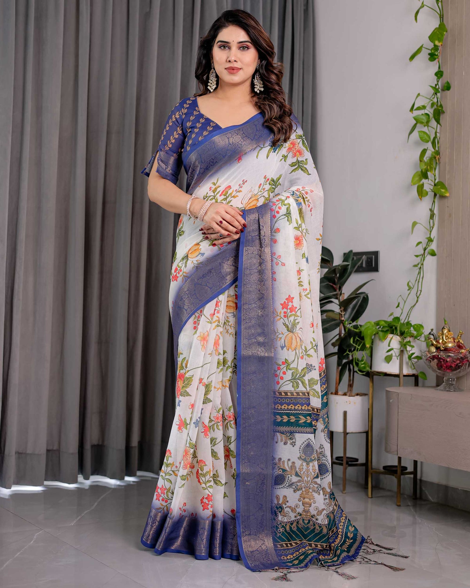 White & Royal Blue Floral Printed Designer Saree with Woven Border