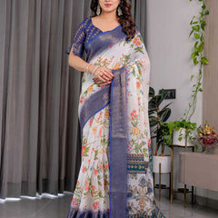 White & Royal Blue Floral Printed Designer Saree with Woven Border