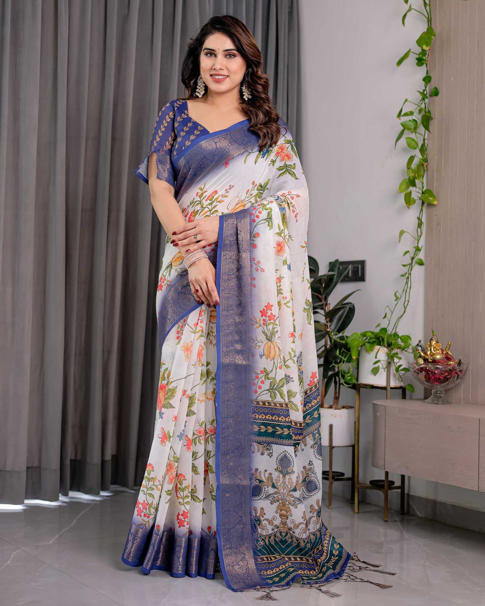 White & Royal Blue Floral Printed Designer Saree with Woven Border