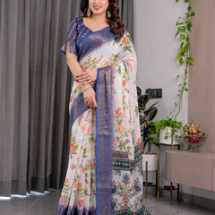 White & Royal Blue Floral Printed Designer Saree with Woven Border