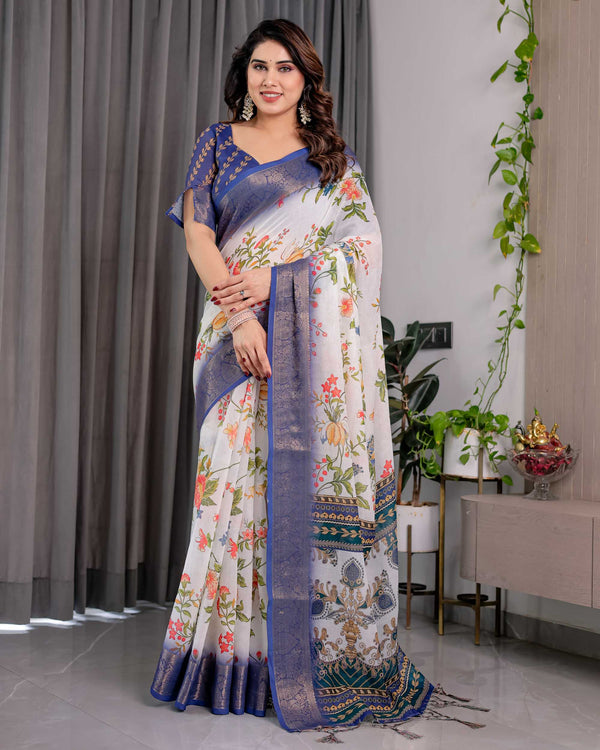 White & Royal Blue Floral Printed Designer Saree with Woven Border