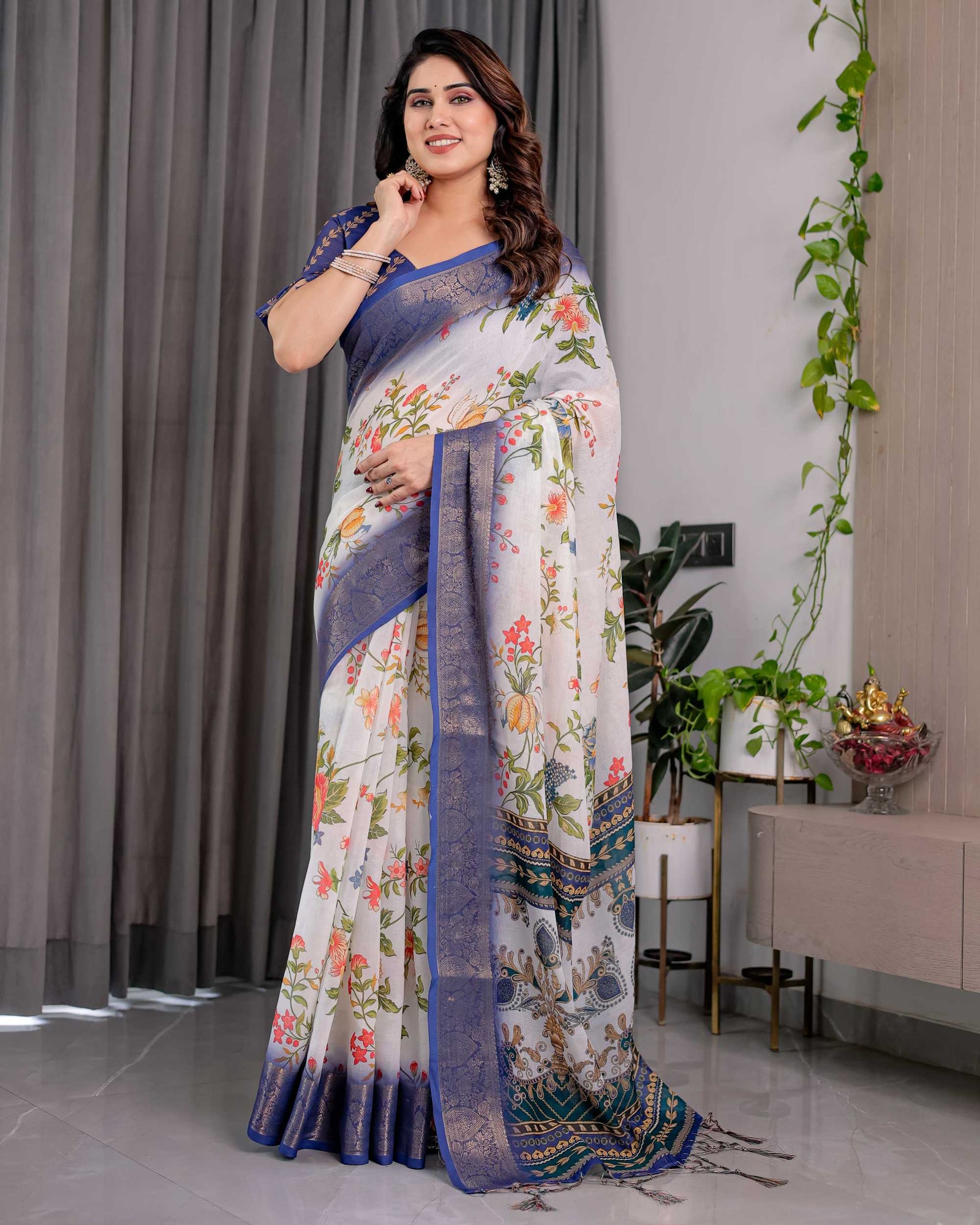 White & Royal Blue Floral Printed Designer Saree with Woven Border
