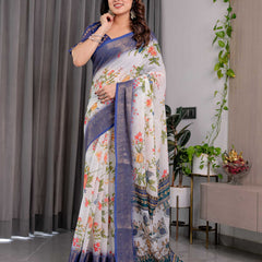 White & Royal Blue Floral Printed Designer Saree with Woven Border