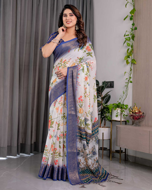 White & Royal Blue Floral Printed Designer Saree with Woven Border