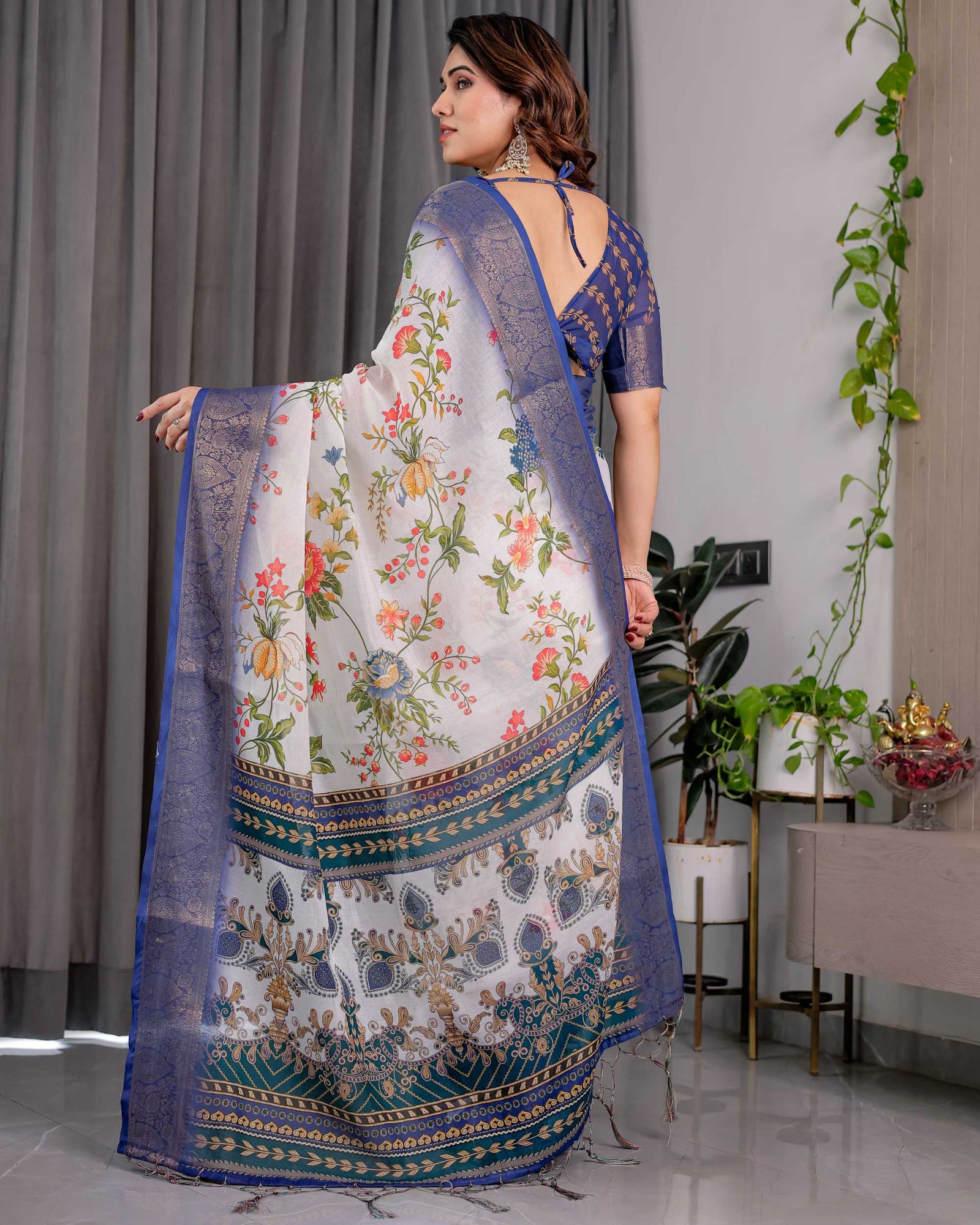 White & Royal Blue Floral Printed Designer Saree with Woven Border