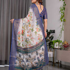 White & Royal Blue Floral Printed Designer Saree with Woven Border