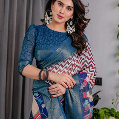 Navy Blue Printed Designer Saree with Woven Border
