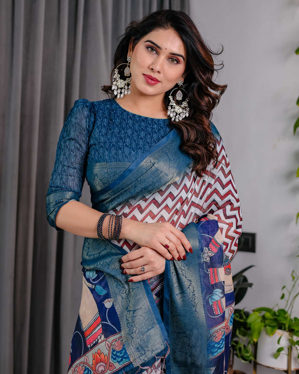 Navy Blue Printed Designer Saree with Woven Border