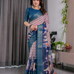 Navy Blue Printed Designer Saree with Woven Border