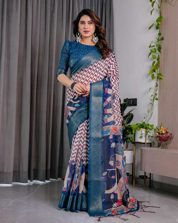 Navy Blue Printed Designer Saree with Woven Border