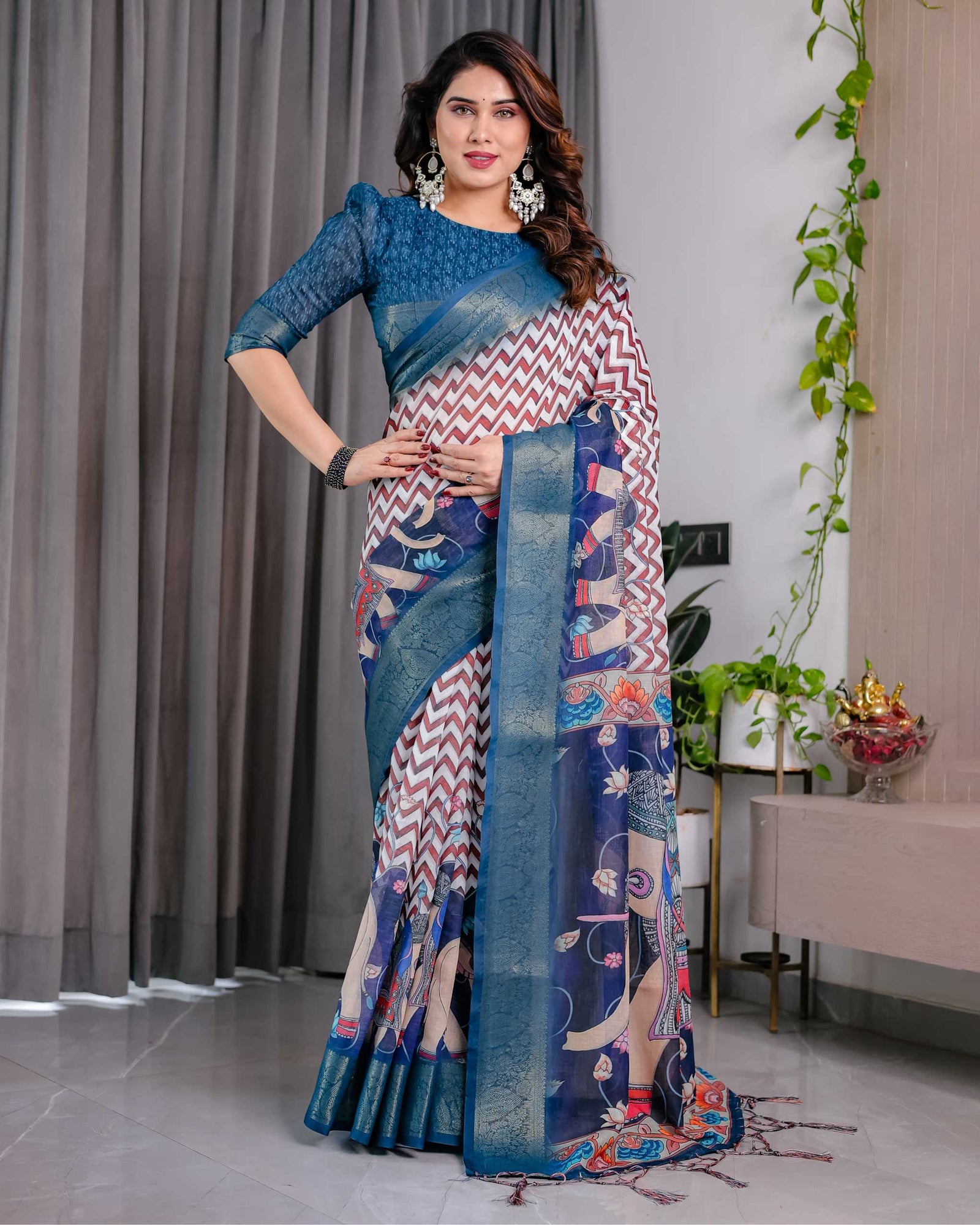 Navy Blue Printed Designer Saree with Woven Border