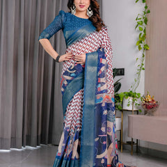 Navy Blue Printed Designer Saree with Woven Border