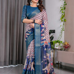 Navy Blue Printed Designer Saree with Woven Border