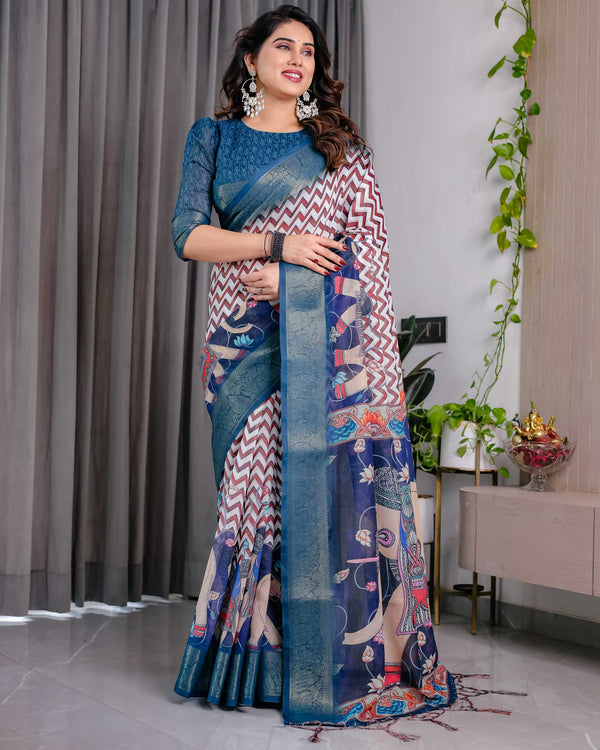 Navy Blue Printed Designer Saree with Woven Border