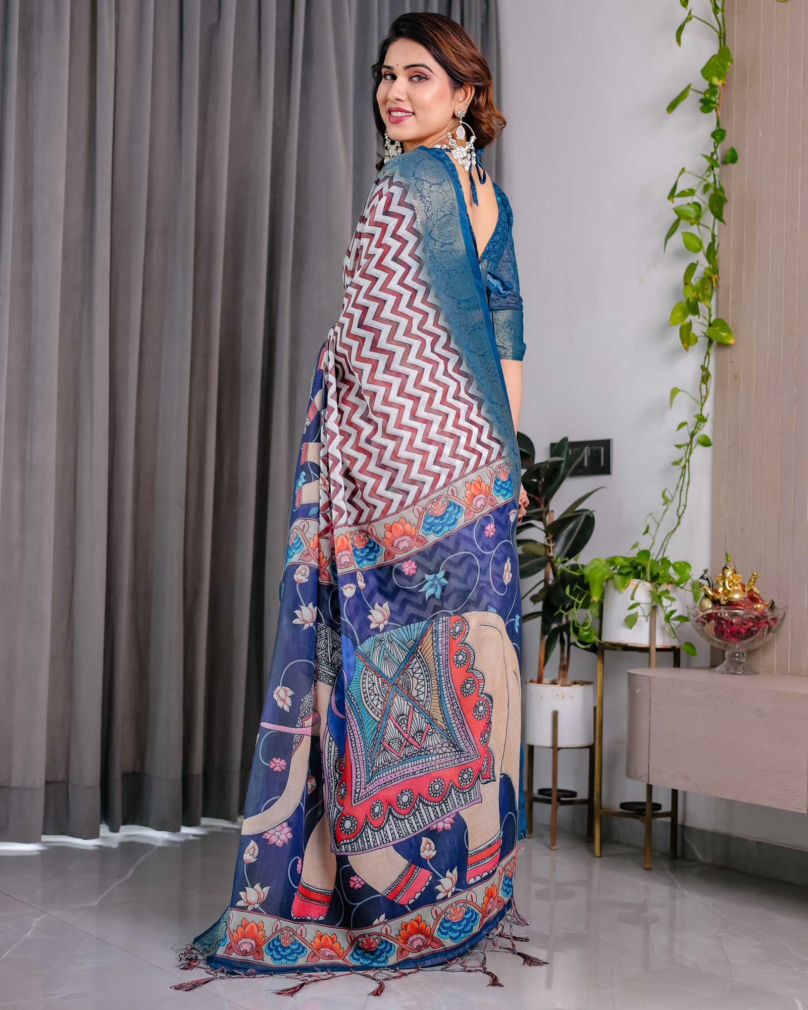 Navy Blue Printed Designer Saree with Woven Border