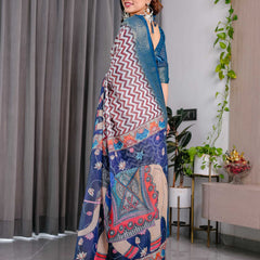 Navy Blue Printed Designer Saree with Woven Border