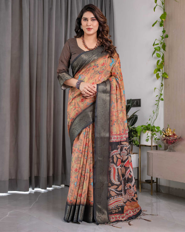 Floral Printed Saree with Rich Woven Border & Designer Pallu