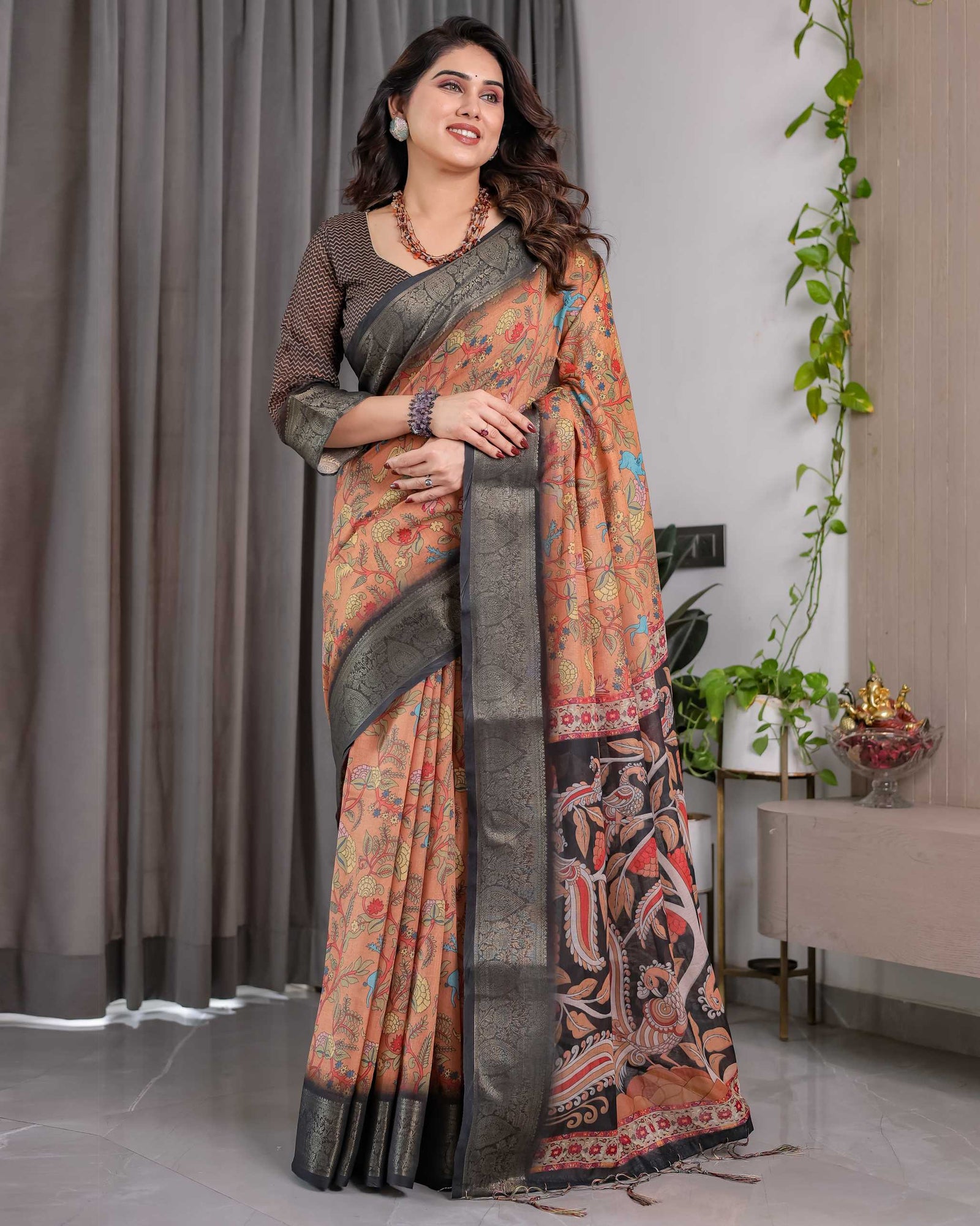 Floral Printed Saree with Rich Woven Border & Designer Pallu