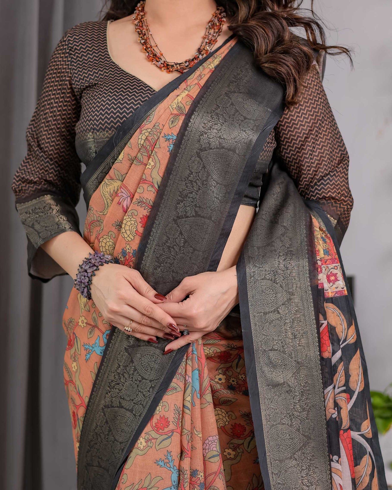 Floral Printed Saree with Rich Woven Border & Designer Pallu