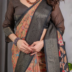 Floral Printed Saree with Rich Woven Border & Designer Pallu