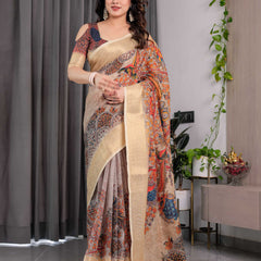 Cream Printed Saree with Elegant Golden Border & Artistic Peacock Pallu