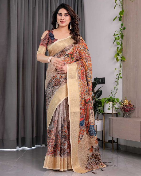 Cream Printed Saree with Elegant Golden Border & Artistic Peacock Pallu