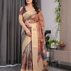 Cream Printed Saree with Elegant Golden Border & Artistic Peacock Pallu