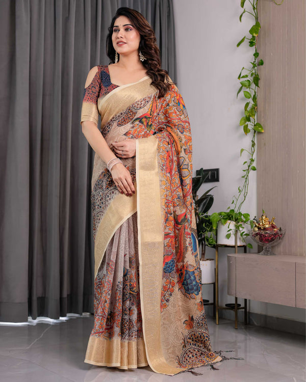 Cream Printed Saree with Elegant Golden Border & Artistic Peacock Pallu
