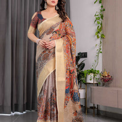 Cream Printed Saree with Elegant Golden Border & Artistic Peacock Pallu