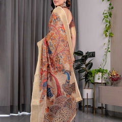 Cream Printed Saree with Elegant Golden Border & Artistic Peacock Pallu