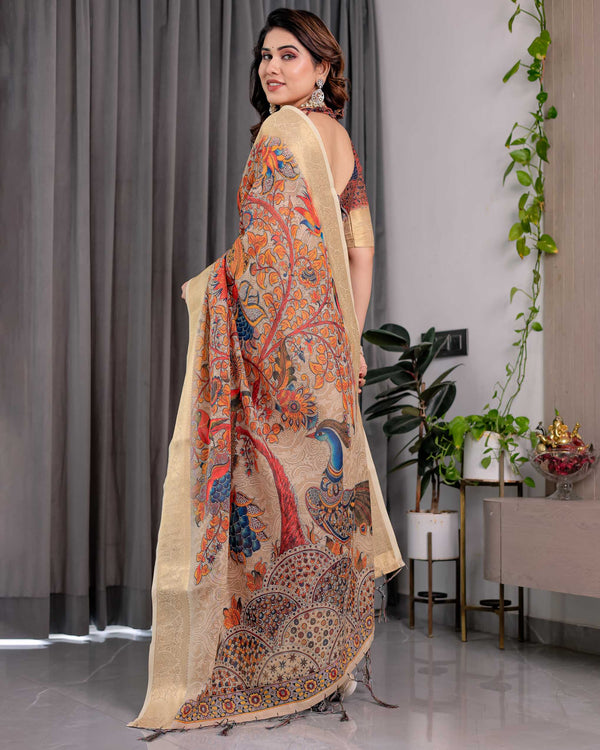 Cream Printed Saree with Elegant Golden Border & Artistic Peacock Pallu