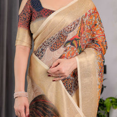 Cream Printed Saree with Elegant Golden Border & Artistic Peacock Pallu