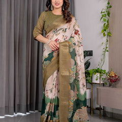 Olive Green Printed Saree with Rich Golden Border