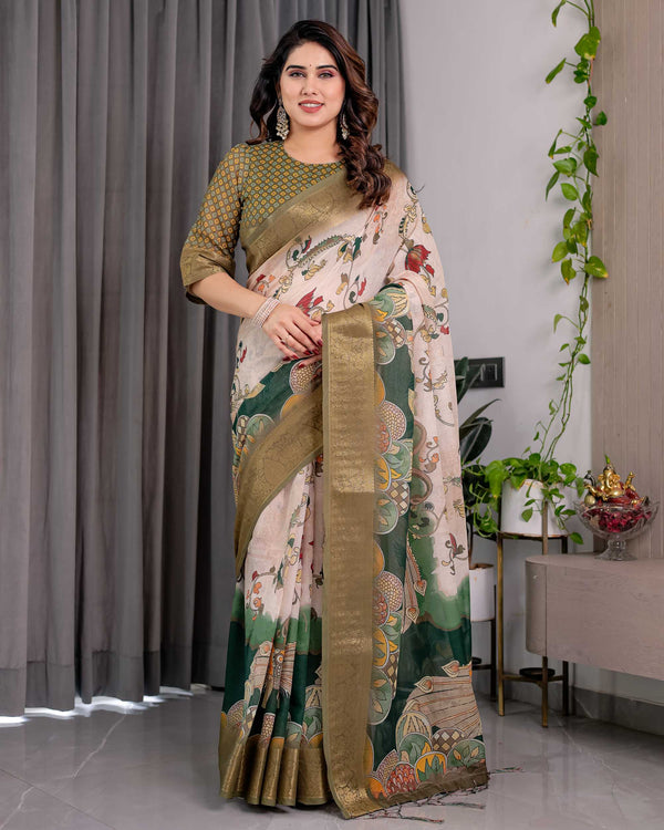 Olive Green Printed Saree with Rich Golden Border