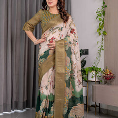 Olive Green Printed Saree with Rich Golden Border