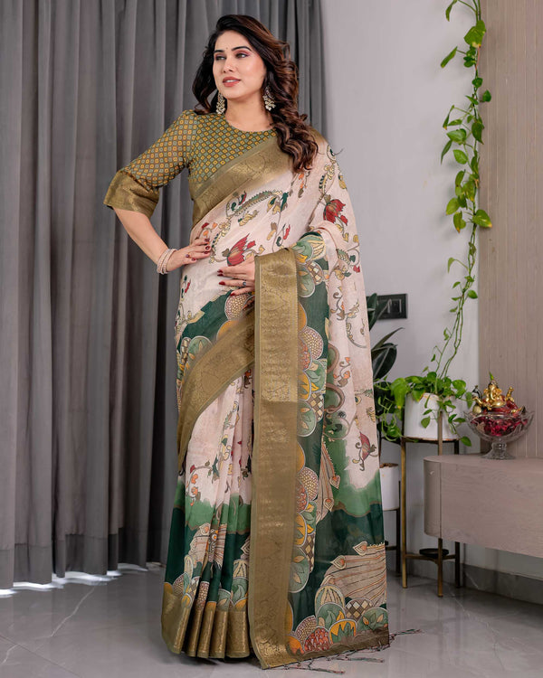 Olive Green Printed Saree with Rich Golden Border