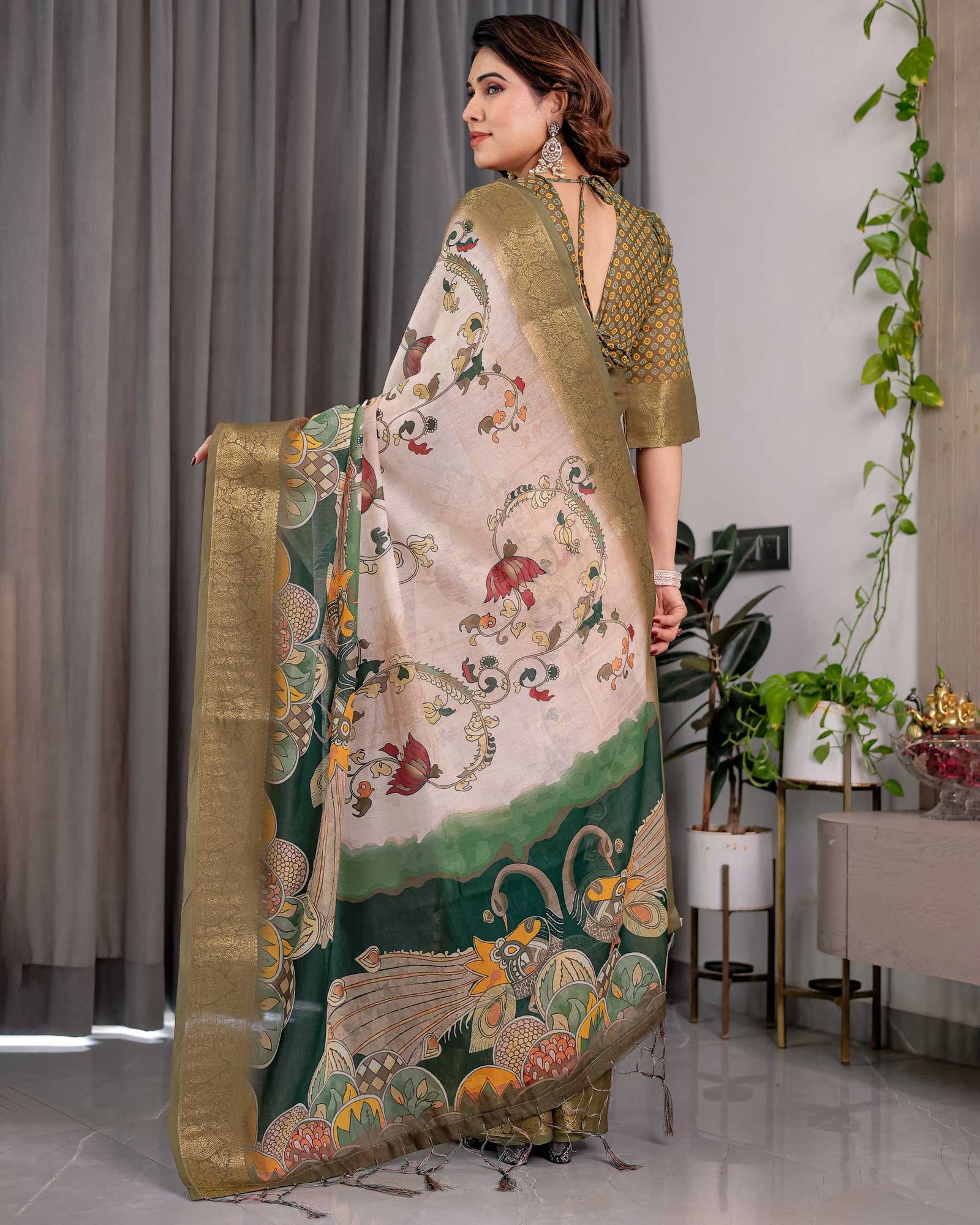Olive Green Printed Saree with Rich Golden Border