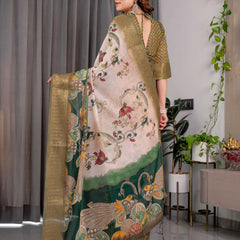 Olive Green Printed Saree with Rich Golden Border