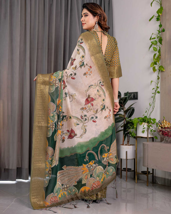 Olive Green Printed Saree with Rich Golden Border