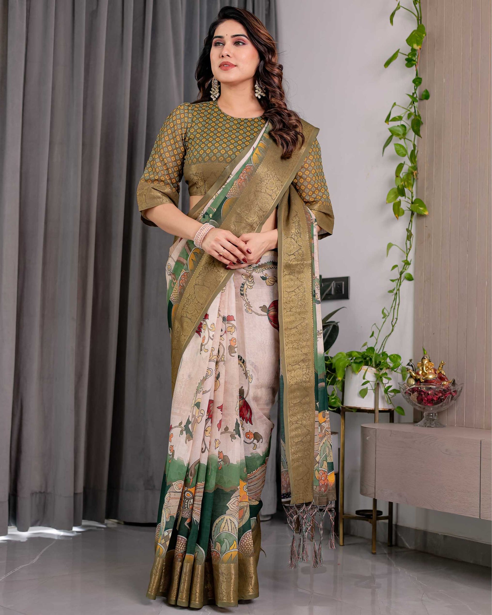 Olive Green Printed Saree with Rich Golden Border