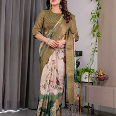 Olive Green Printed Saree with Rich Golden Border