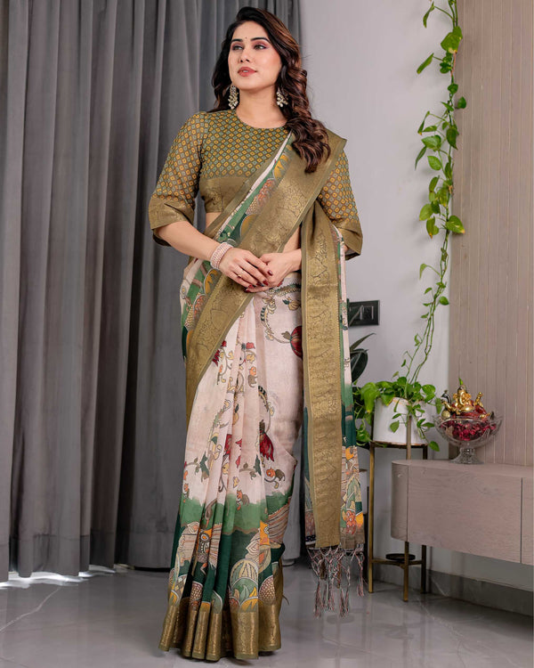 Olive Green Printed Saree with Rich Golden Border