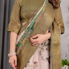 Olive Green Printed Saree with Rich Golden Border