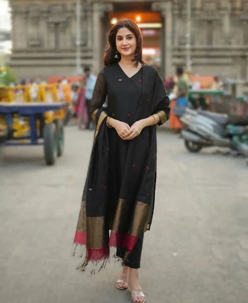 Black Kurta Set with Gold Border Dupatta