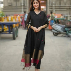 Black Kurta Set with Gold Border Dupatta